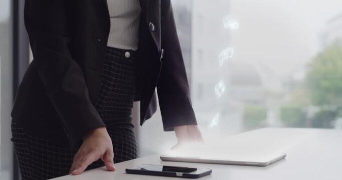 Futuristic hologram, digital graphic and tablet software of business woman using future technology. Online, internet and corporate work folders of office worker searching for IT tech and fintech data