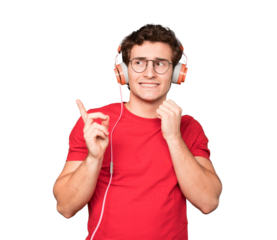 Friendly young man making a wondering gesture and pointing up with his finger