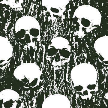 Seamless pattern with sinister human skulls on background of stone texture. vector background with realistic skulls and paint spots in grunge style. Graphic print for wallpaper, wrappin