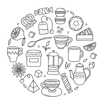 Hand drawn set of Tea time doodle icons. Teapots, cups, lemon and sweets in sketch style. Vector illustration isolated on white background