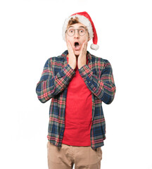 Young man at Christmas doing gestures