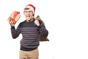 Young man at Christmas doing gestures