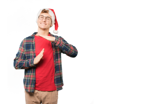 Happy young man at Christmas making a time out gesture with his hands