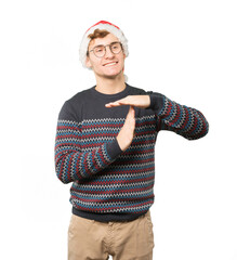 Young man at Christmas doing gestures