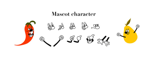 Vintage cartoon hands in gloves and feet in shoes. Cute animation character body parts. Comics arm gestures and walking leg poses set. Different foot movements and positions