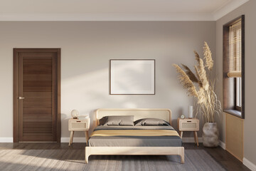 Cozy bedroom with a blank horizontal poster on the beige wall with a sunbeam, dark wooden door, lamps on bedside tables, large ears of corn in a vase near the window with bamboo blinds. 3d render