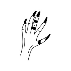 Black outline woman hand with long nails and rings doodle style, vector illustration isolated on white background. Hand drawn part of body, design element