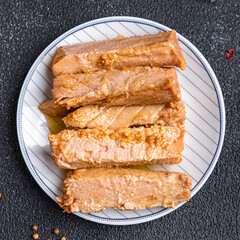 tuna canned fish in oil seafood healthy meal food snack diet on the table copy space food background rustic top view pescatarian diet