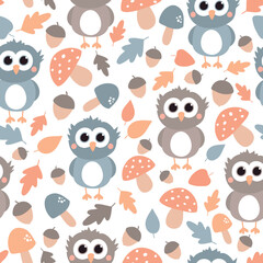 Autumn background. Seamless pattern with owls, mushrooms, acorns and leaves. Cute childish texture. Vector illustration.