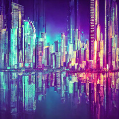 Night city, neon lights of the metropolis. Reflection of neon lights in the water. city on the ocean. 3d illustration