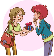 vector illustration of woman giving gift to friend