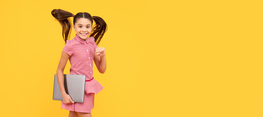 on way to success. back to school. modern digital communication. School girl portrait with laptop, horizontal poster. Banner header with copy space.