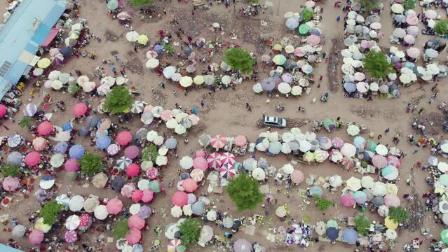 Drone shot and aerial view of Africa rural local Market,Local seller and buyer in orange market Lagos Nigeria