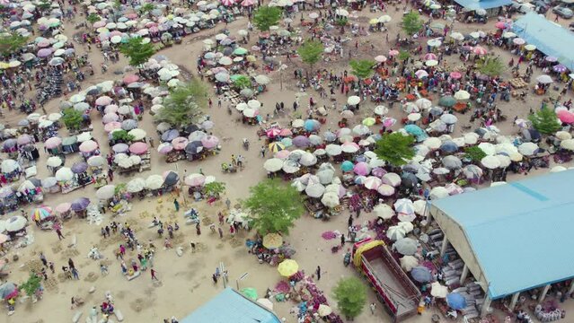 Drone shot and aerial view of Africa rural local Market,Local seller and buyer in orange market Lagos Nigeria