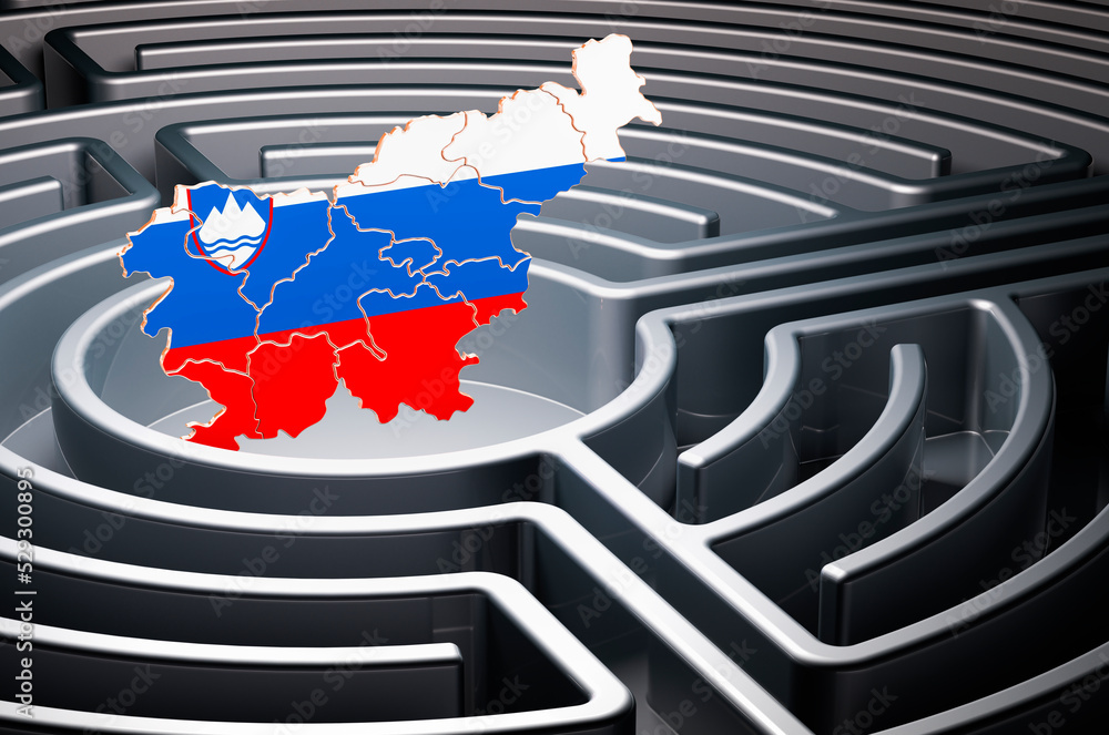 Poster slovenian map inside labyrinth, 3d rendering