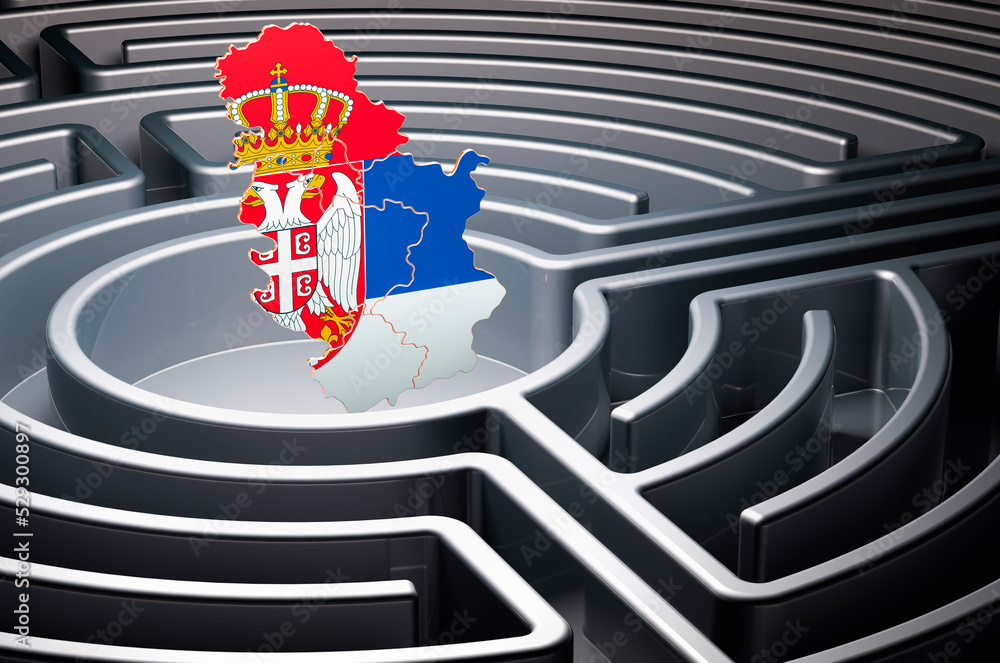 Poster serbian map inside labyrinth, 3d rendering
