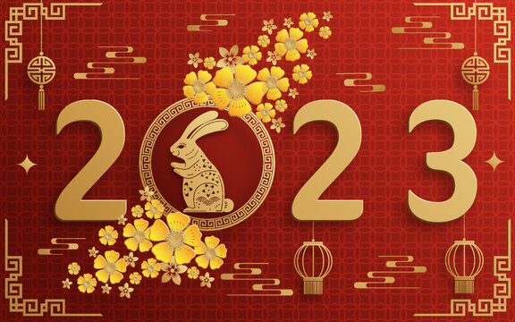 Happy Chinese New Year 2023 Year Of The Rabbit Zodiac With On Color Background.
