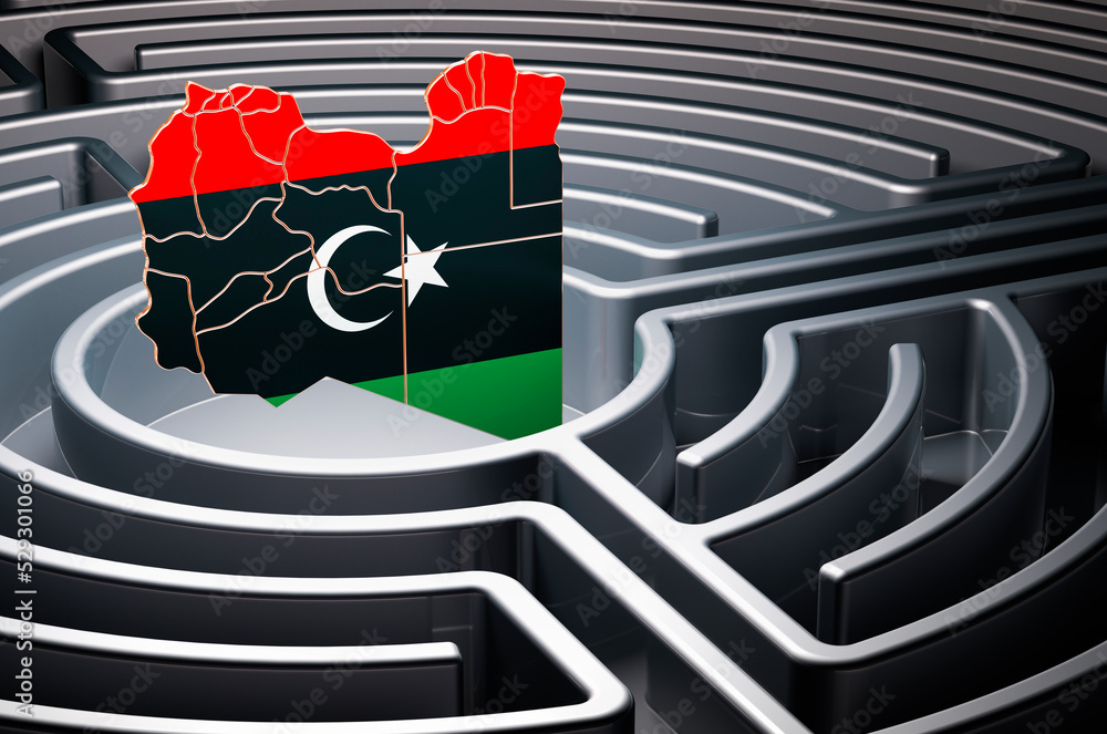 Poster libyan map inside labyrinth, 3d rendering