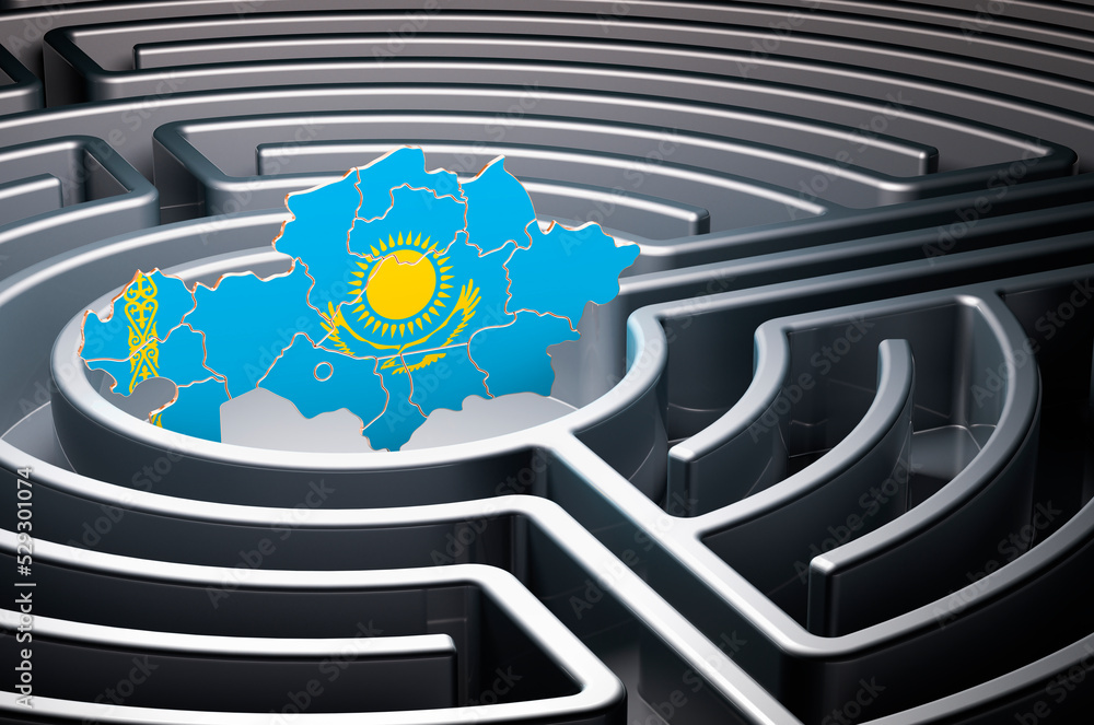 Poster kazakh map inside labyrinth, 3d rendering