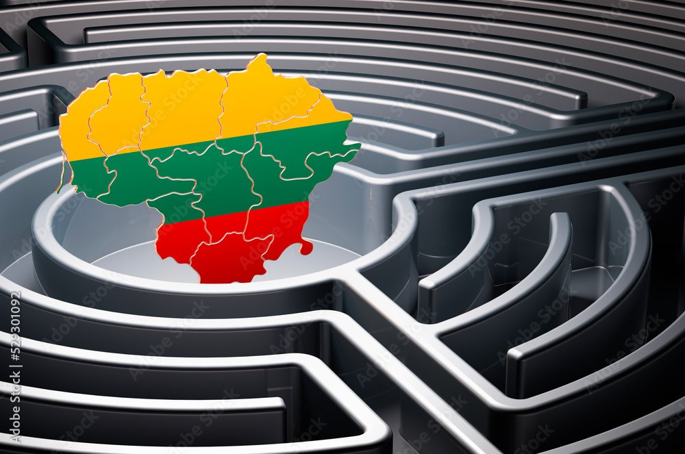Poster lithuanian map inside labyrinth, 3d rendering