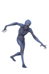 3D rendering of a blue grey alien man walking and looking down to his right isolated.