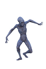 3D rendering of a blue grey alien man in bent walking pose isolated.