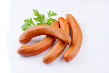Traditional raw German bockwurst offered as top view on white background with copy space