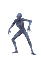 3D rendering of a blue grey alien man istanding with bent legs and arms isolated.