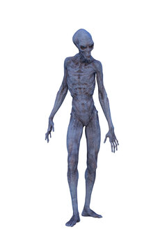 3D rendering of a blue grey alien man standing and looking left isolated.