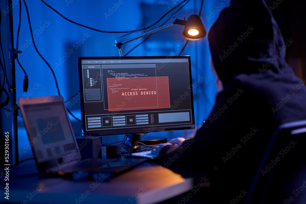 Poster cybercrime, hacking and technology concept - female hacker in dark room breaking security system or 