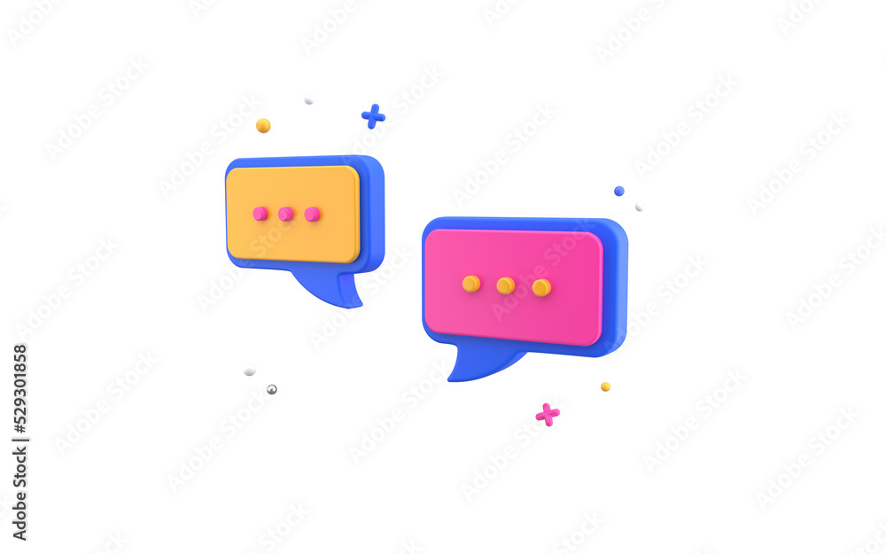 Poster bright chatting bubble icons with dots. modern design, 3d rendering. isolated on white background.