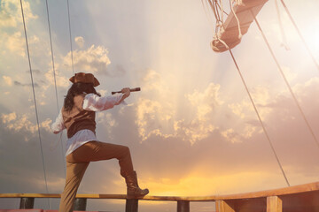 funny the pirate captain traveler  discoverer and explorer on the vintage pirate ship 