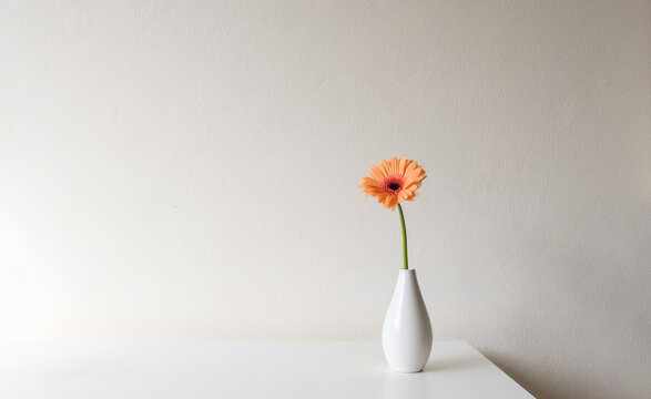 Single orange gerbera daisy in small white vase on table against neutral wall background with copy space