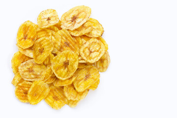Banana slice chips on white background.