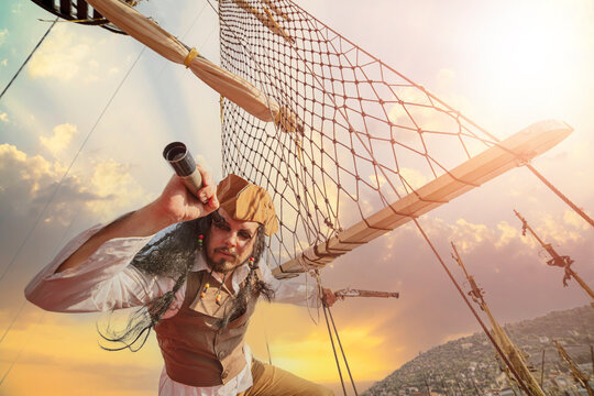 funny the pirate captain traveler  discoverer and explorer on the vintage pirate ship 