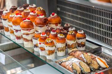 Typical Neapolitan pastry products sold at a local bakery in Naples, Italy