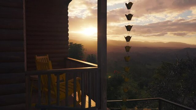 View from a hotel terrace on a stunning orange sunset over the mountains. Beautiful scenery