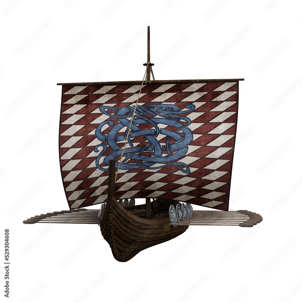 Poster front view of old medieval viking ship. 3d rendering isolated.