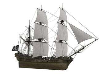 Old wooden tall sailing ship flying the pirate flag. 3D rendering isolated.