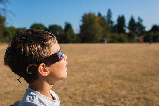 Side view of boy wearing 3-D glasses while looking away at field during sunny day