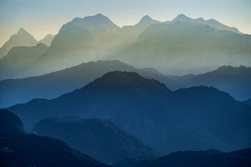 High angle idyllic view of mountain ranges during foggy weather