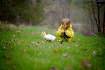 Cute girl in raincoat looking at duck while crouching on grassy field