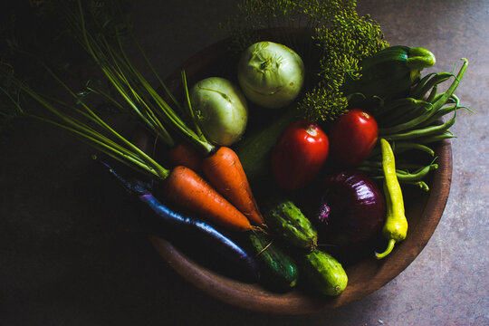 Close-up Of Healthy Vegetables In Basket On Table