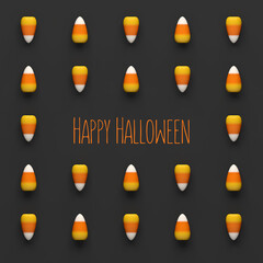 Halloween candy corn pattern on dark background with Happy Halloween message. 3D illustration render.