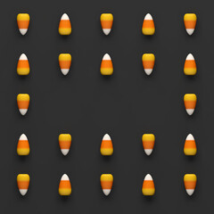 Halloween candy corn pattern on dark background with copy space message. 3D illustration render.
