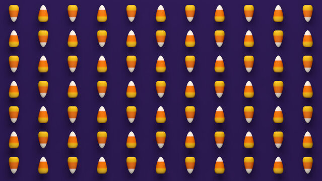 Halloween candy corn pattern on purple background. 3D illustration render in 8k.