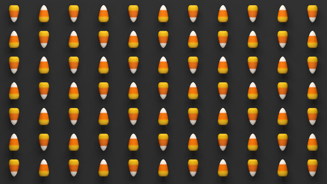 Halloween candy corn pattern on dark background. 3D illustration render in 8k.