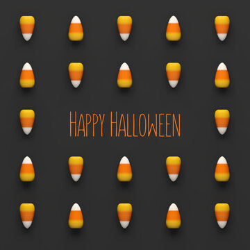 Halloween candy corn pattern on dark background with Happy Halloween message. 3D illustration render.