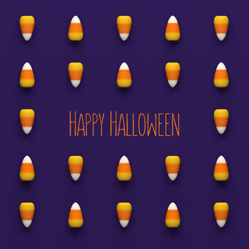 Halloween candy corn pattern on purple background with Happy Halloween message. 3D illustration render.