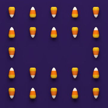Halloween candy corn pattern on purple background with copy space message. 3D illustration render.
